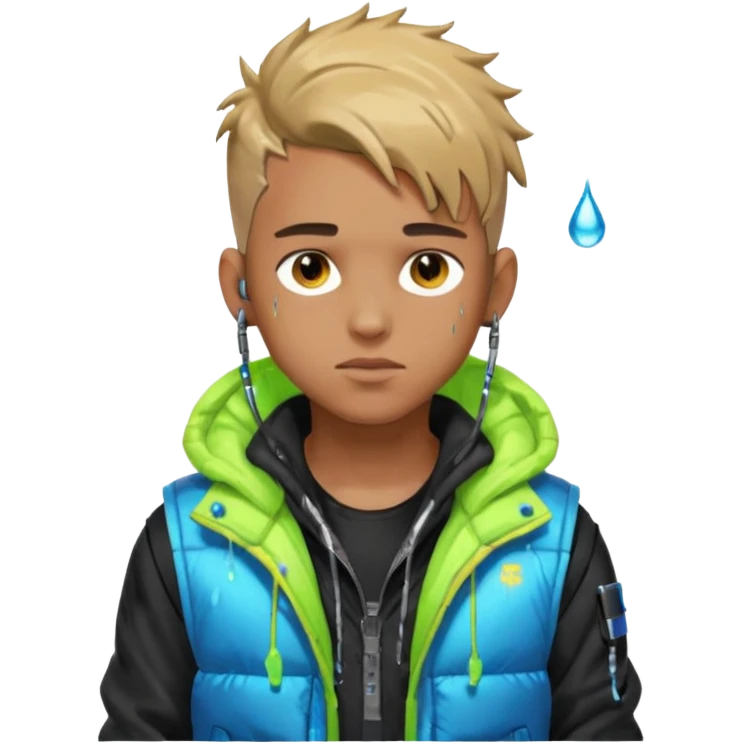 Cyberpunk street kid, male, messy undercut, puffer vest over hoodie, glowing earpiece, light stubble, brown eyes, neon reflections, raindrops, dark background. emoji