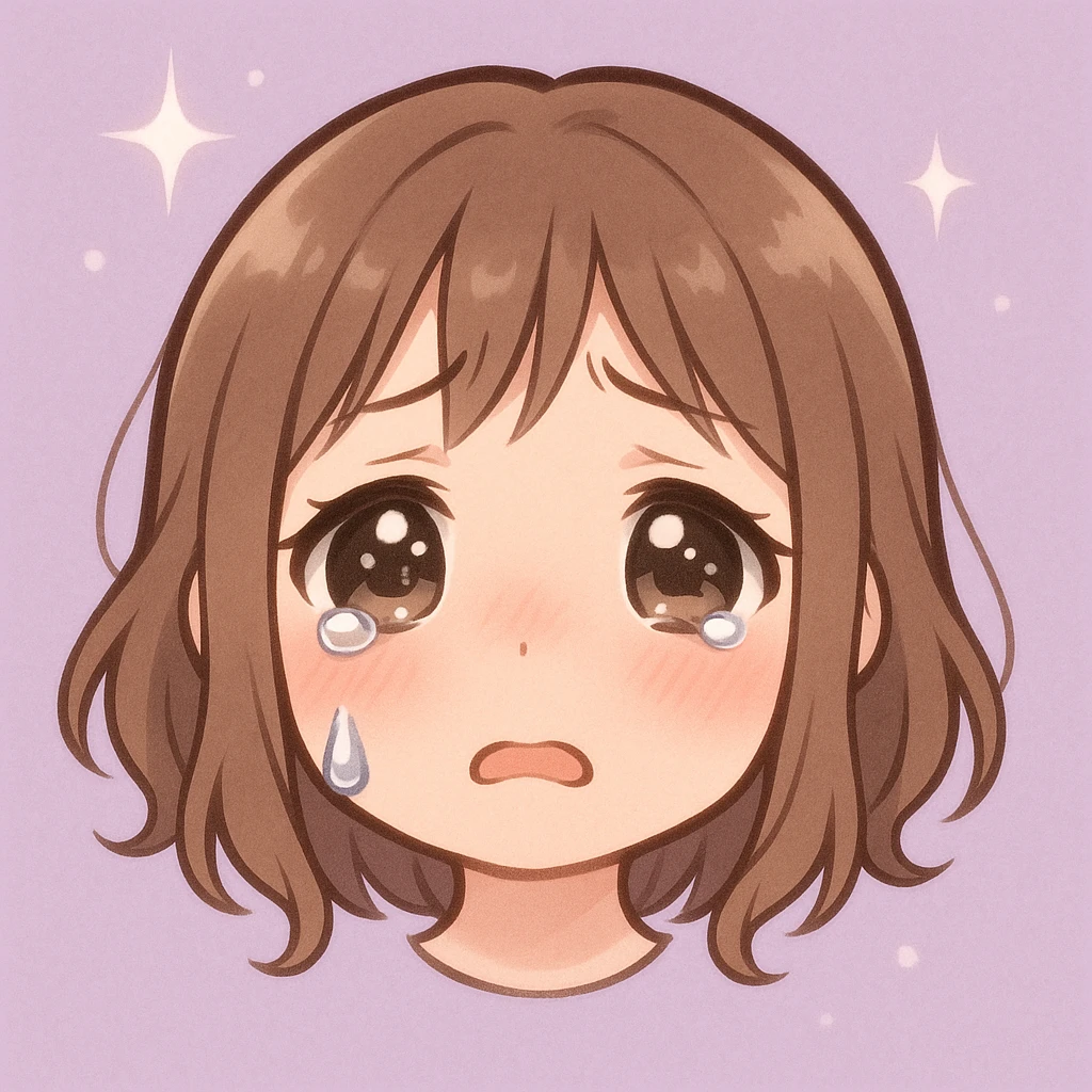 crying anime girl emoji, glossy eyes, one tear, pink cheeks, pastel purple background with sparkles, soft, emotional, sensitive style emoji