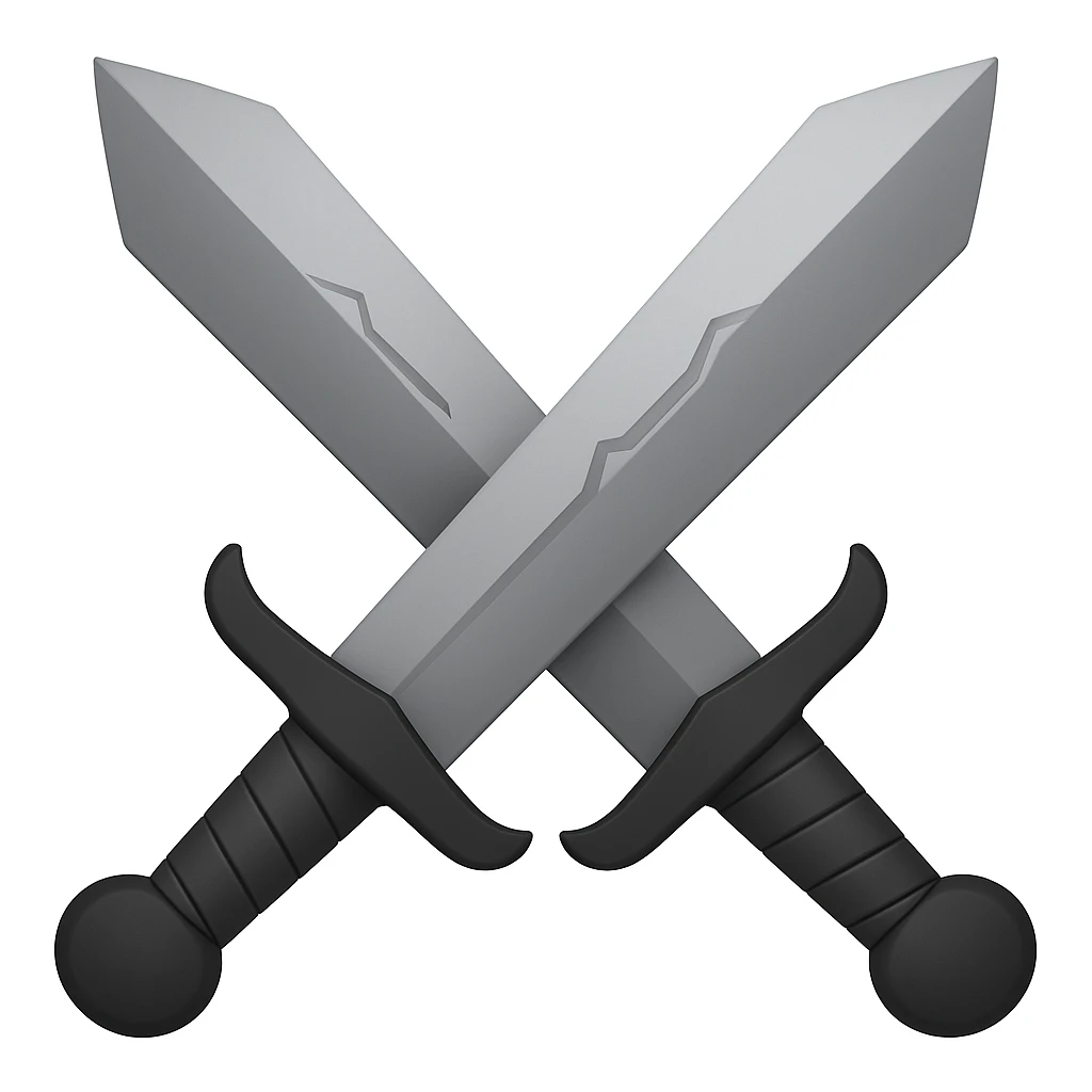 Create dual swords similar to the reference image but with black and grayish colors. The swords should be pointing upward and be wider. Use a darker handle for the swords. The style should emulate emoji style with concise details. emoji
