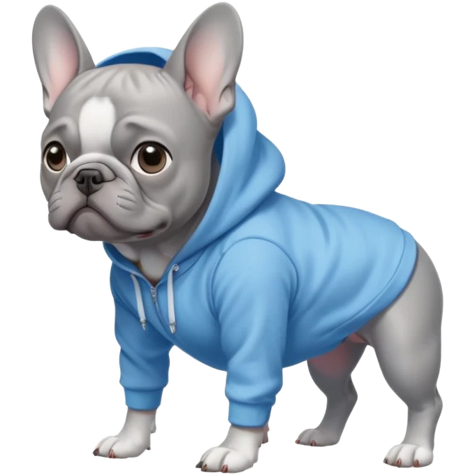 A full body grey French bulldog with blue eyes, on all fours wearing a light blue hoodie with the hood down emoji