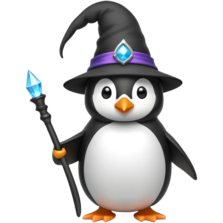 Penguin wearing a wizard hat and holding a magic wand emoji
