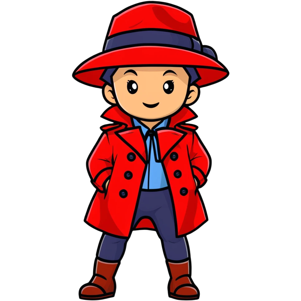 Baby Carmen Sandiego in red trench coat and hat, cute detective emoji