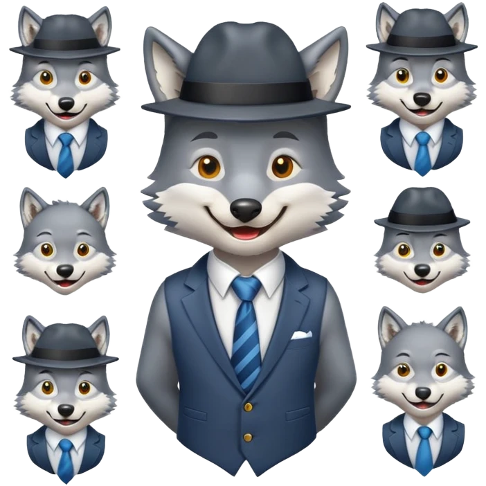 یه گرگ با کلاه و کراوات با حالت‌های مختلف برای ایموجی بساز  emoji