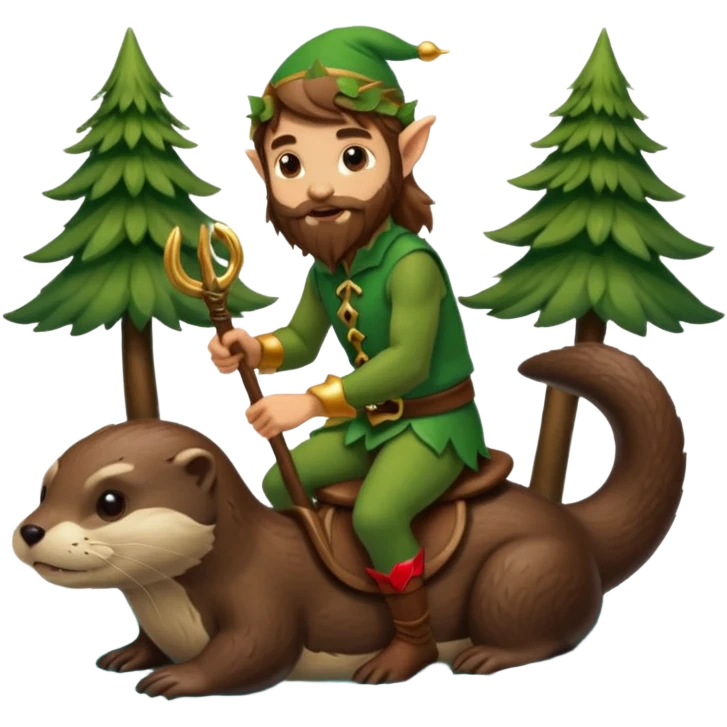 tiny forest elf man long brown hair beard riding an otter emoji