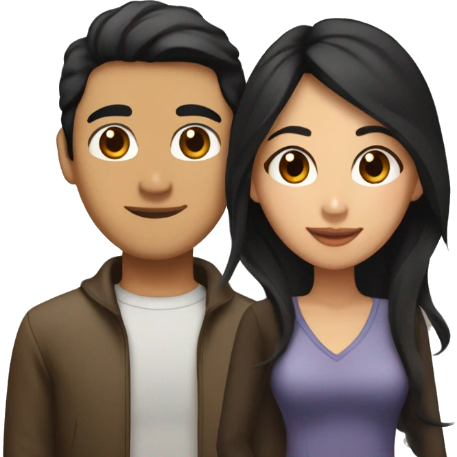 Asian man with brown hair and medium length black hair and Latina woman with long brown highlighted hair  and brown eyes together in love emoji