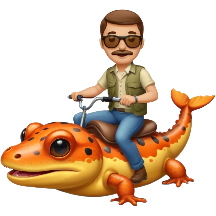 Mustachioed man with sunglasses riding a salamander on a river emoji