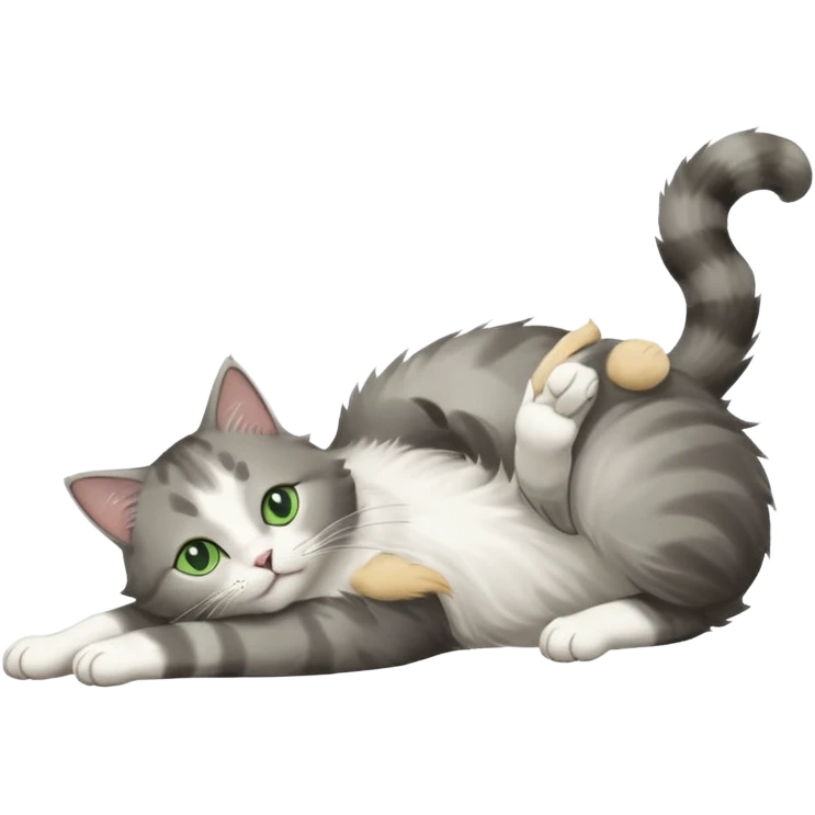 grey and white cat with green eyes doing a big extremely long stretch reaching up into the air with arms and legs side by side together straight and overextended whilst lying on its side emoji