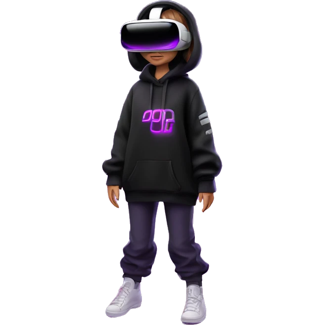 Russian girl wearing black hoody with violet letters "OMG", in vr headset oculus quest2. Standing like jedi. Cyberpunk style. Violet neon. emoji