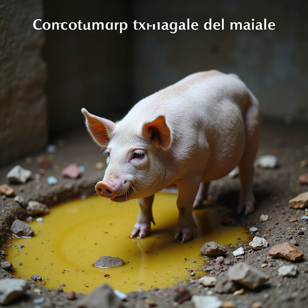 symbolic scene of a pig in a dirty pen surrounded by scraps and a yellow puddle, with Italian text 'Comportamento naturale del maiale', 4K quality emoji