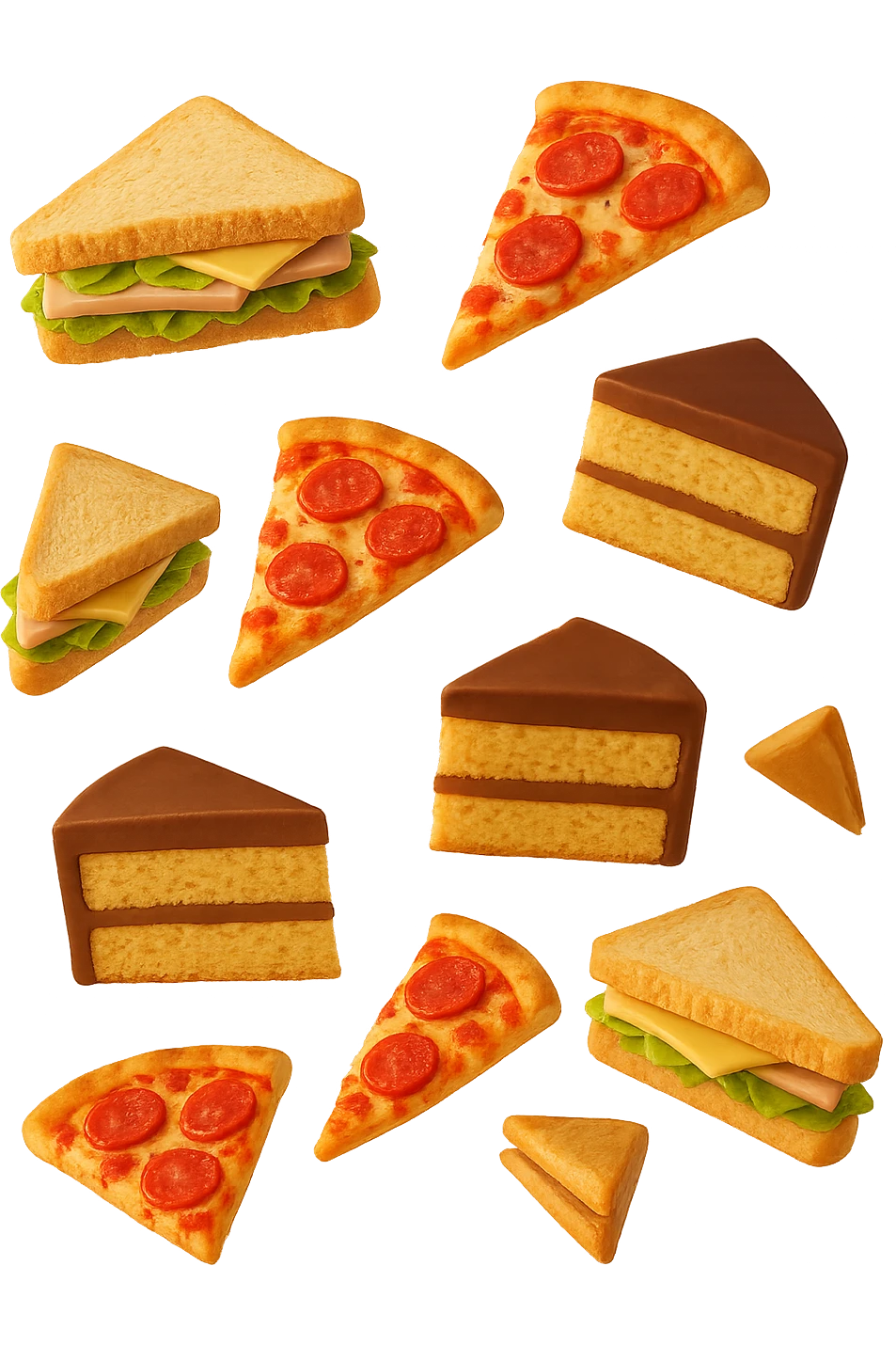 pizzette, fette di torta e panini, fluttuano in aria in 3d, sfondo bianco emoji