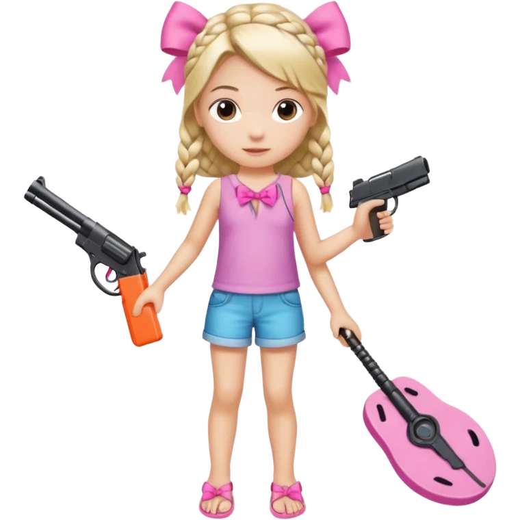 A girl who has a braid on one should and has a flipflop in one hand that has a bow while in the other hand she has a gun with a bow  emoji