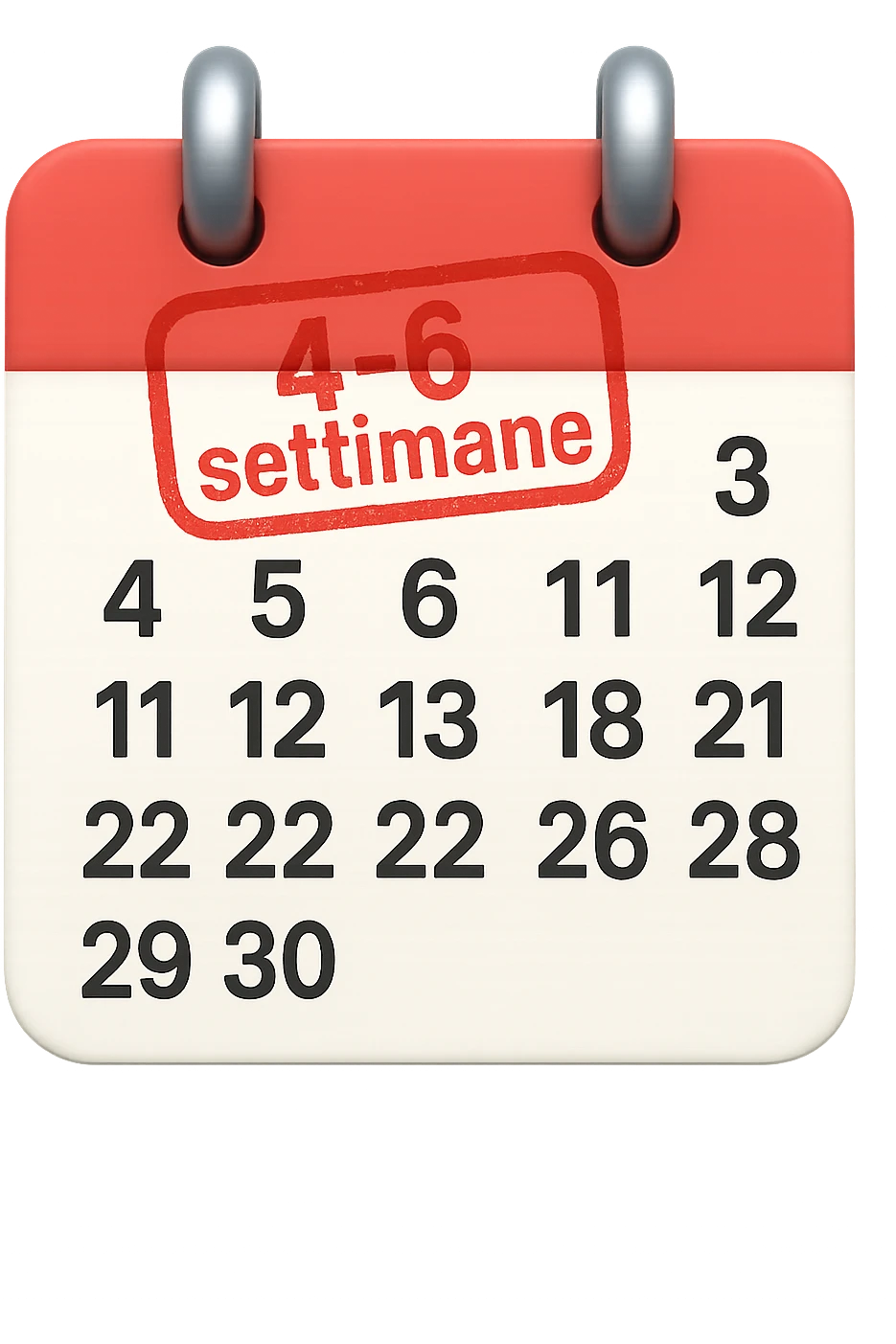 foglio di calendario con le date scritte, con timbro rosso con la scritta "4-6 settimane" sopra, stile emoji iphone, iperrealistico 4k emoji