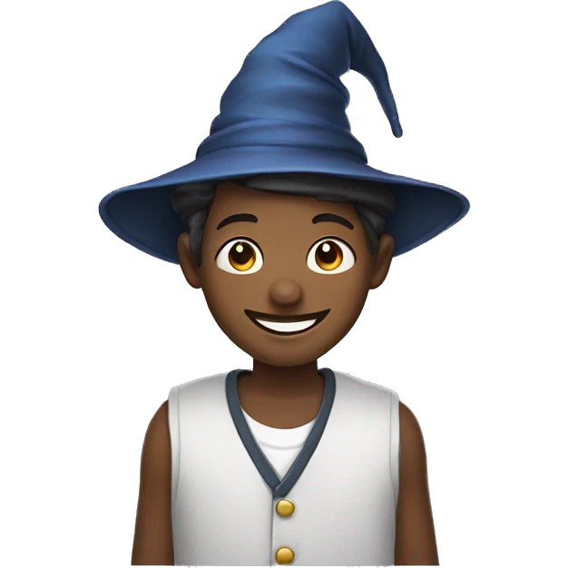 smiling boy in shirt wearing wizard hat emoji