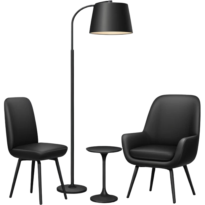 Minimalistic flat vector icon, iOS style, thin black contour on white background. Floor lamp and chair next to a framed picture on wall. Clean, no text, no shadows emoji