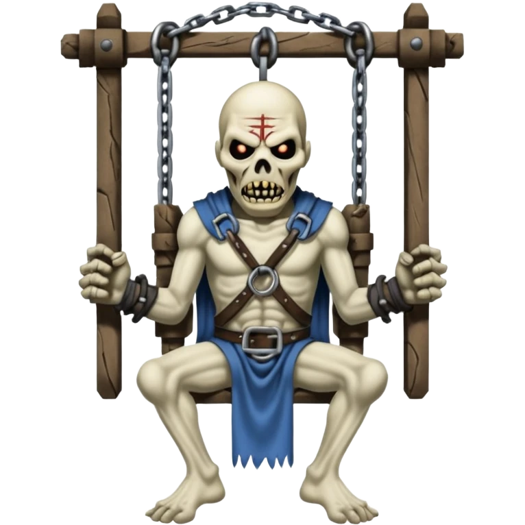 iron maiden monster Eddie  in a medieval torture device - cover x factor emoji