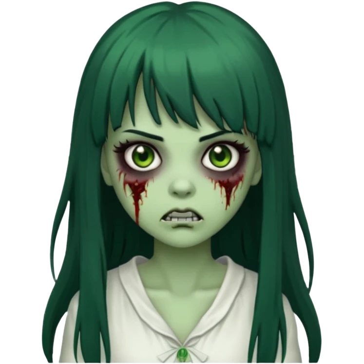 uma garota zumbi assustadora da pele verde e com cabelo preto longo com franja e a roupa branca emoji