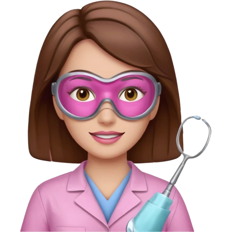 Dentista mujer con mascarilla rosada, cabello marron, piel blanca, camisa rosada, ojos marrones, sin lentes emoji