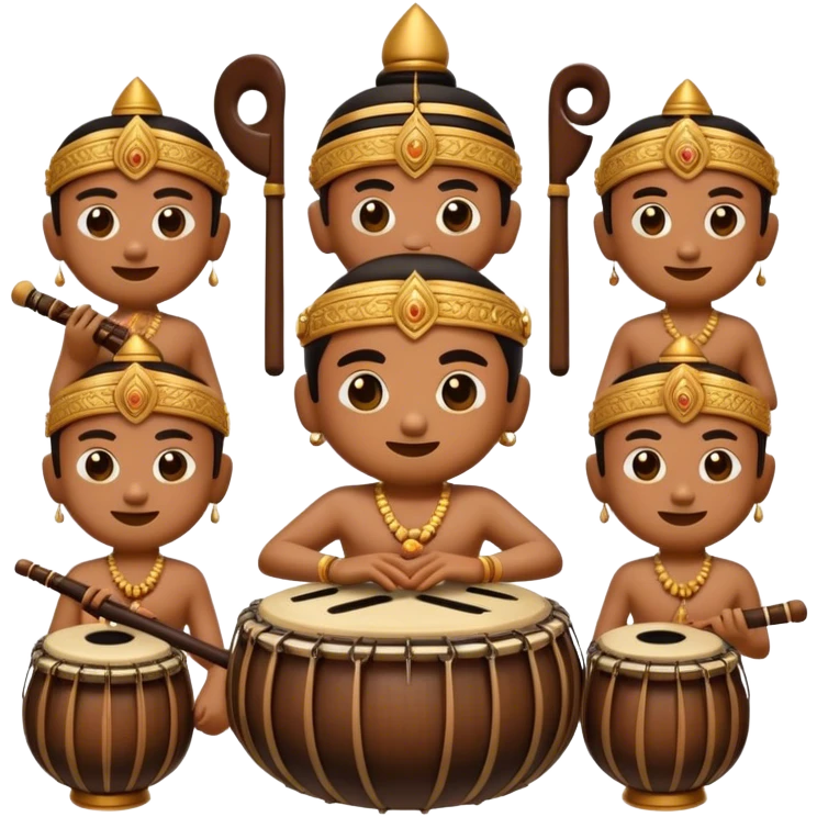 Cinematic Realistic Gamelan Pop Culture Emoji, depicted with an ensemble of traditional Indonesian instruments rendered with rich textures and rhythmic, cultural lighting. emoji