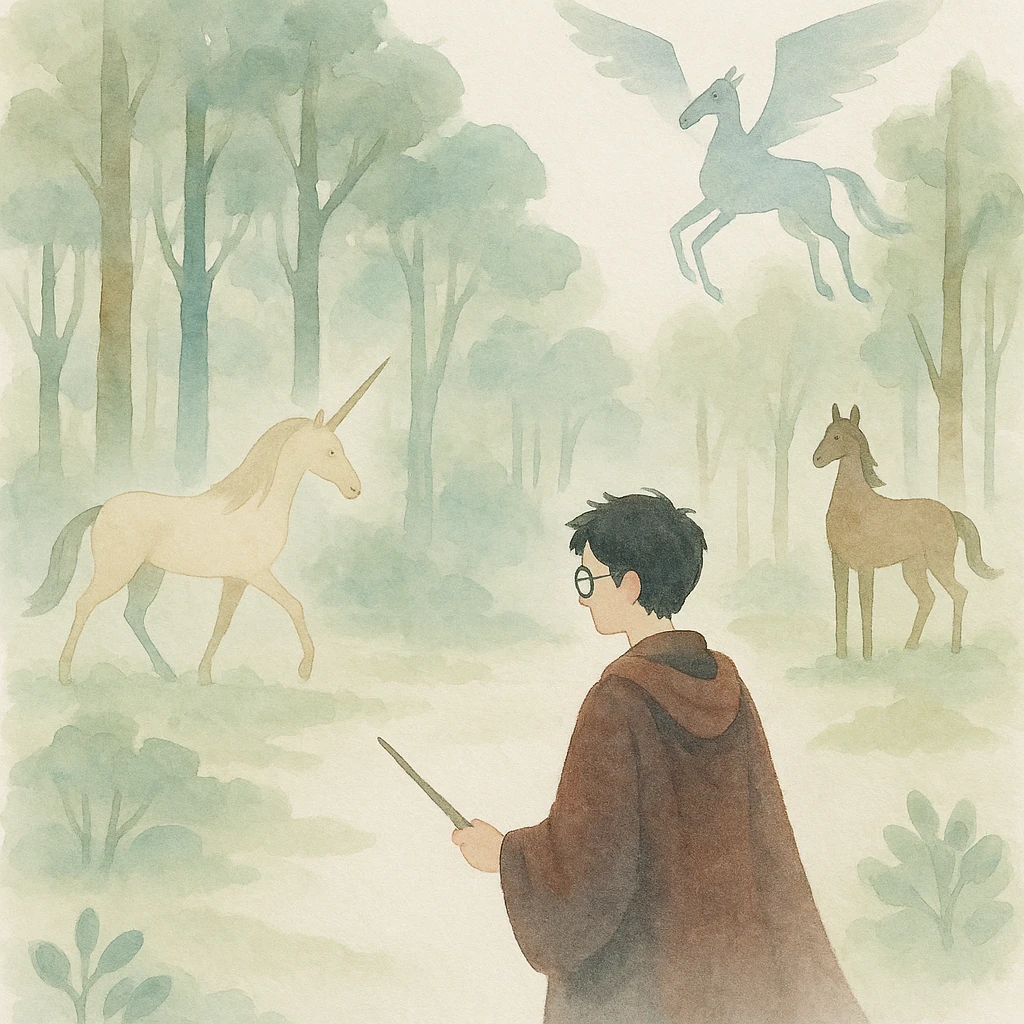 Harry Potter series, watercolor art style, the Forbidden Forest with magical creatures emoji
