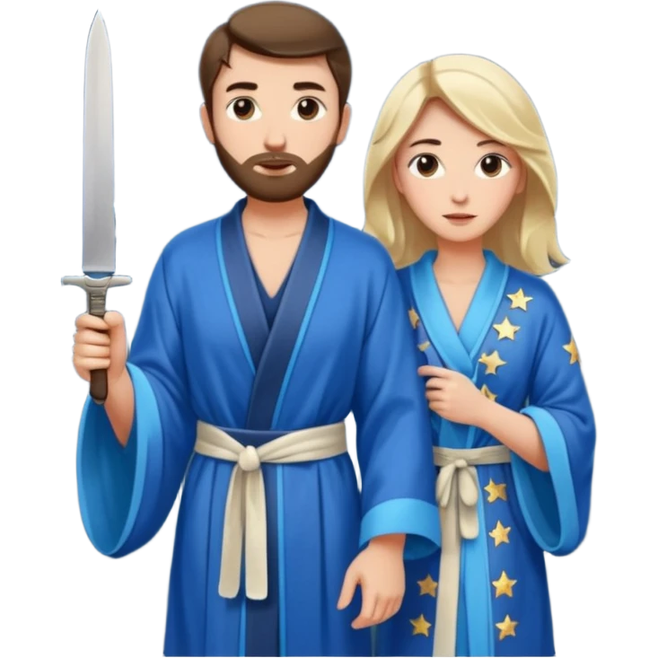 An upright Europe (a tall woman), wearing a blue, flowing robe with stars on the hem. In the background stands a man, with a knife emoji