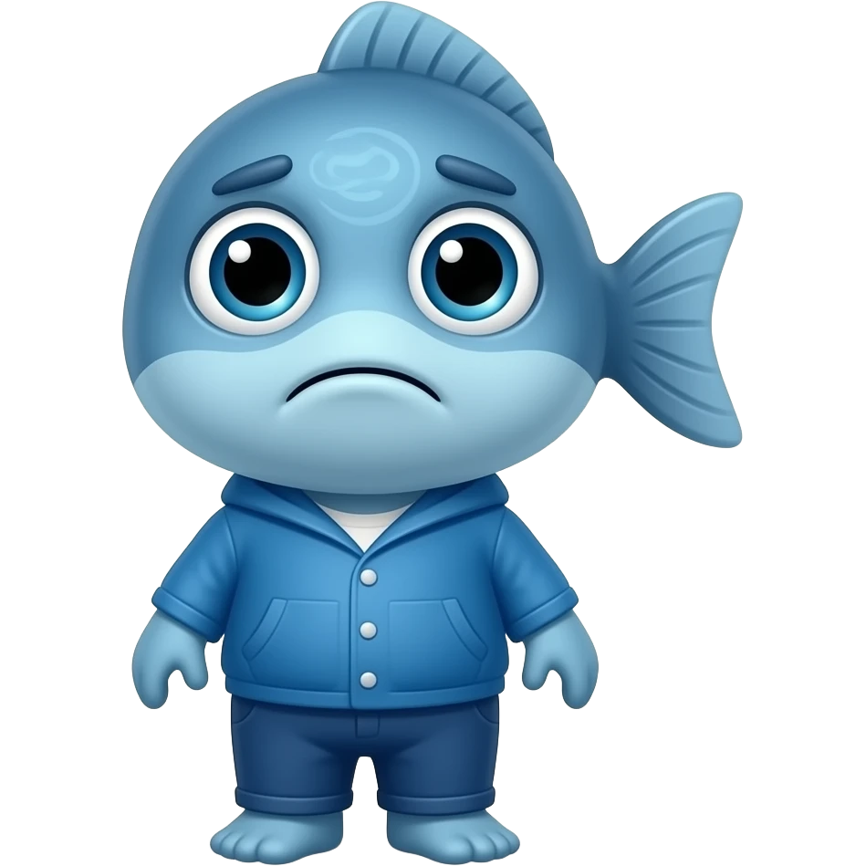 A little blue fish shaped like a little human dressed in blue, looking at us with a very sad face. emoji