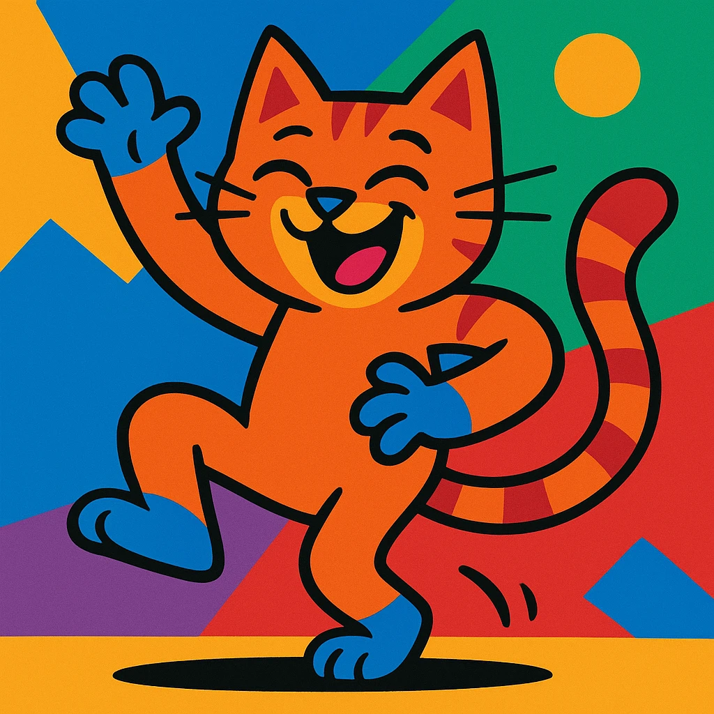 gato bailando, estilo caricatura colorida, expresivo, colores brillantes emoji