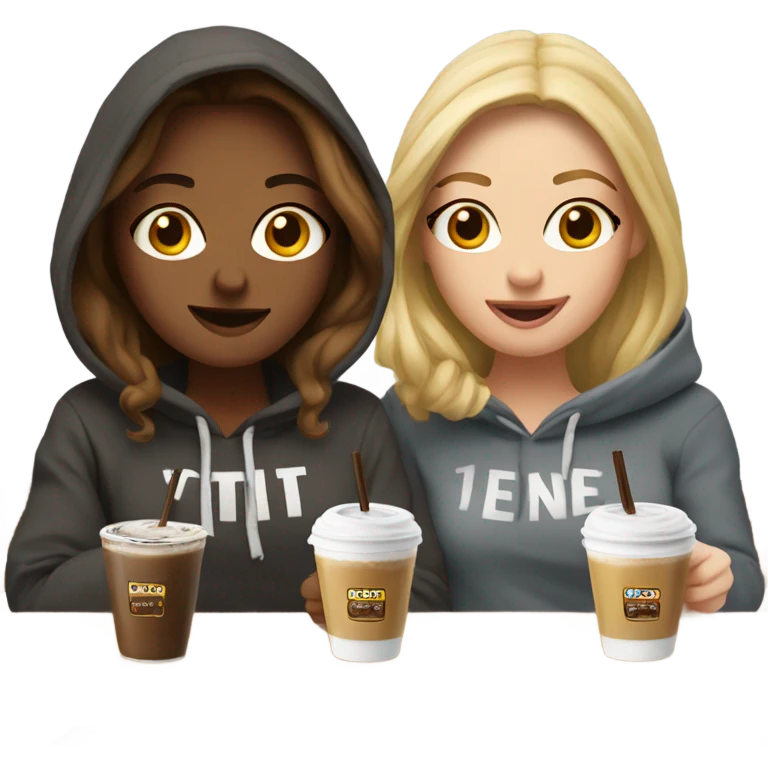 a blonde friend and a brown haired friend having a cold coffee dressed in hoodies emoji