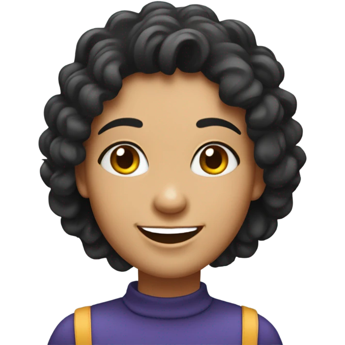 Create a cartoon-style emoji of a smiling woman with curly black hair, bright eyes, and a cheerful expression. Simplify features into a vibrant and friendly emoji design with a focus on the face and hair emoji