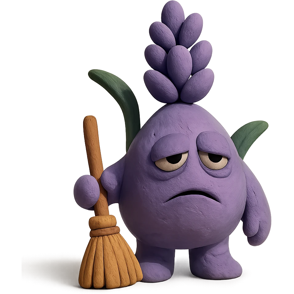 chubby lavender-colored lavender flower character with droopy eyes and a tired face, holding a tiny broom, claymation style emoji