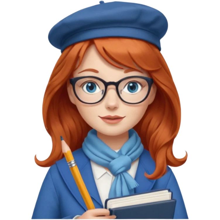 redheaded woman with very long wavy hair and bangs, blue eyes, clear cat-eye glasses, stylish French teacher outfit with scarf or beret, holding a pencil and a French textbook emoji