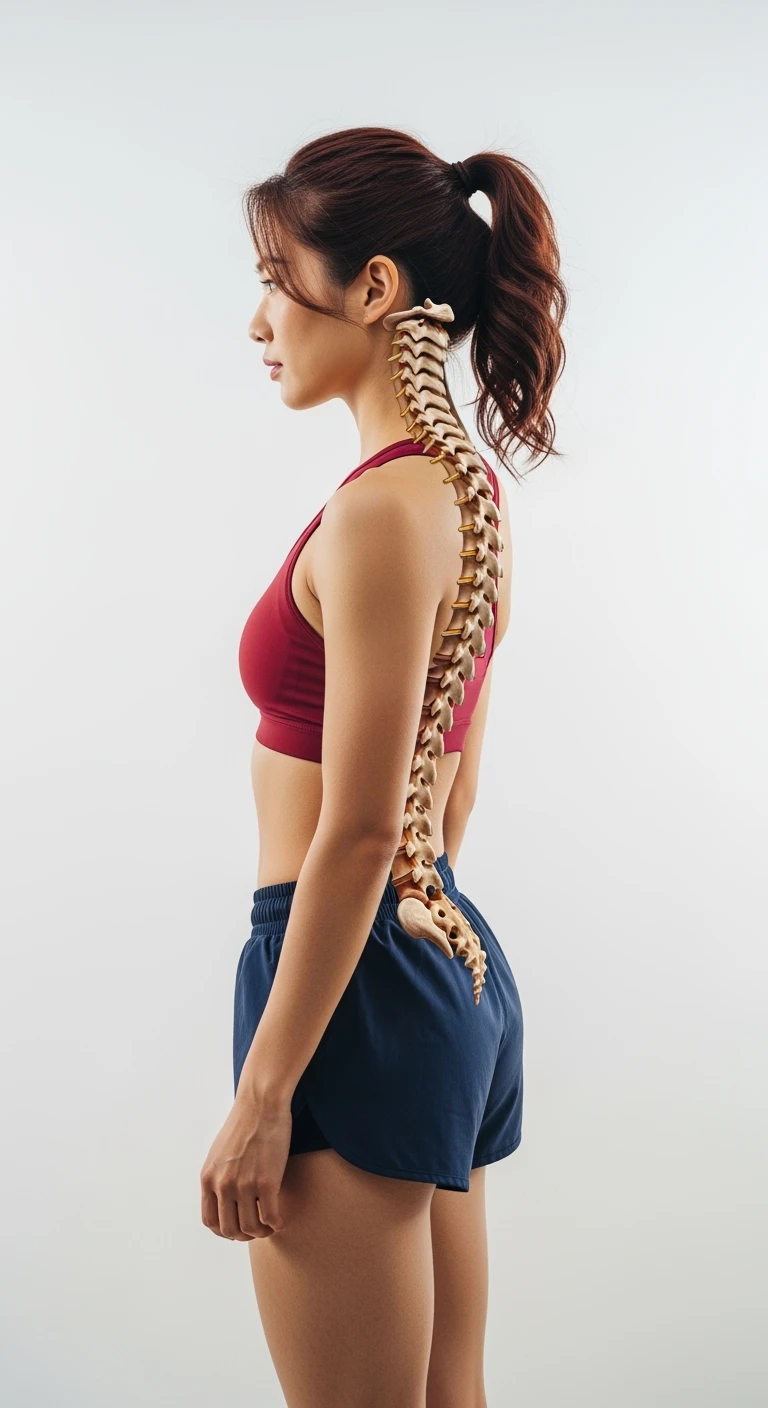 donna fitness di spalle con spina dorsale anatomica realistica in evidenza, sfondo bianco emoji