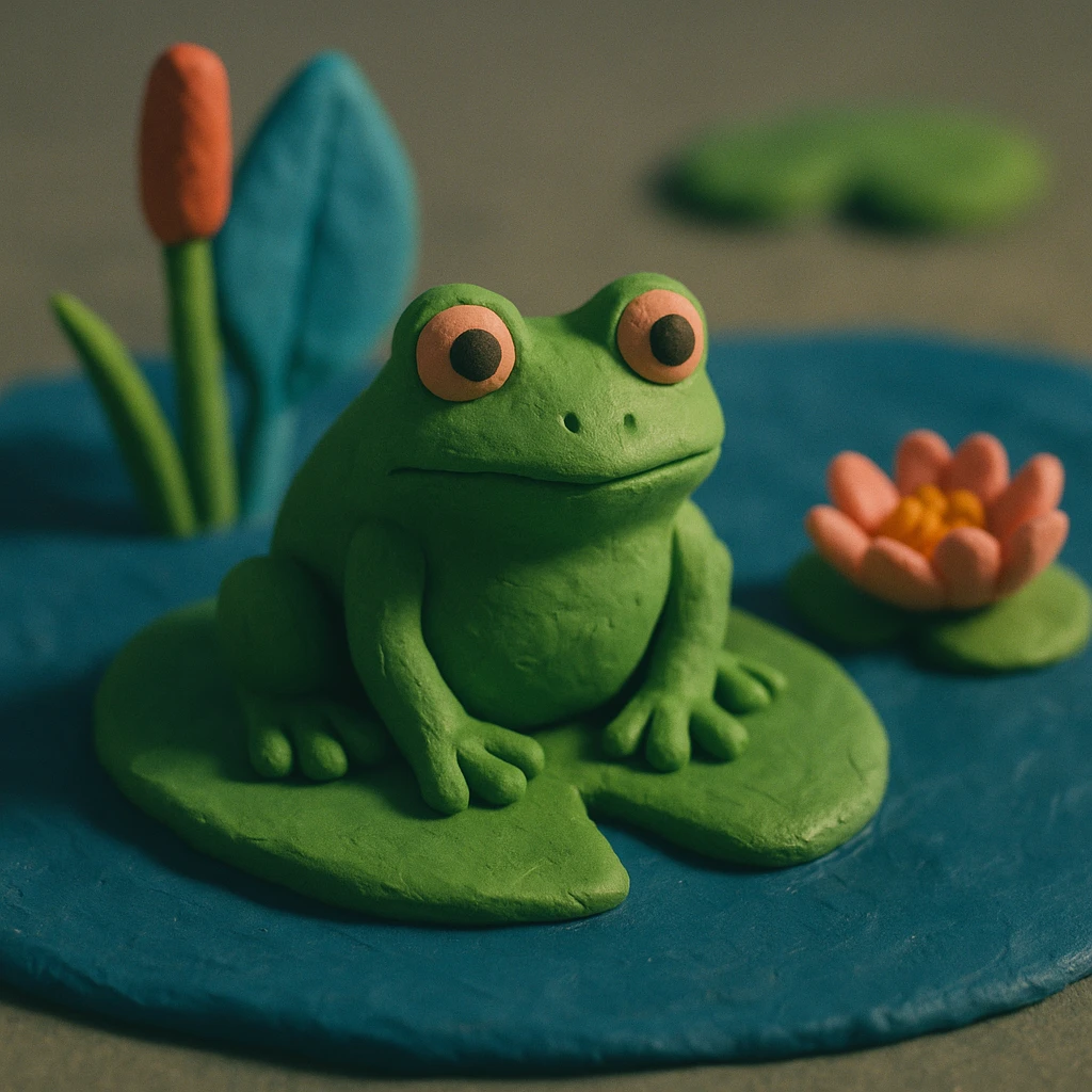 a green frog sitting on a lily pad, claymation style emoji
