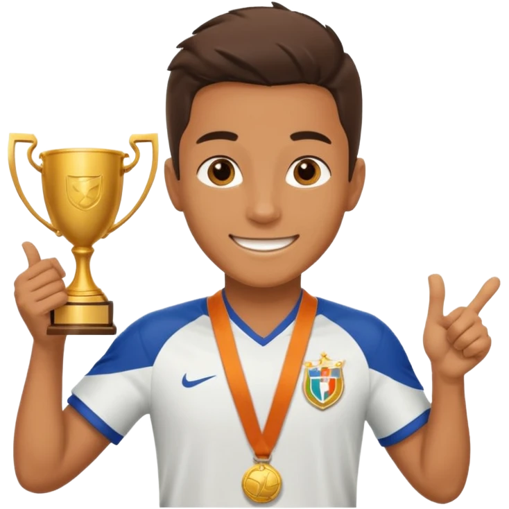 Happy light soccer player with a first-place medal and a trophy
 emoji