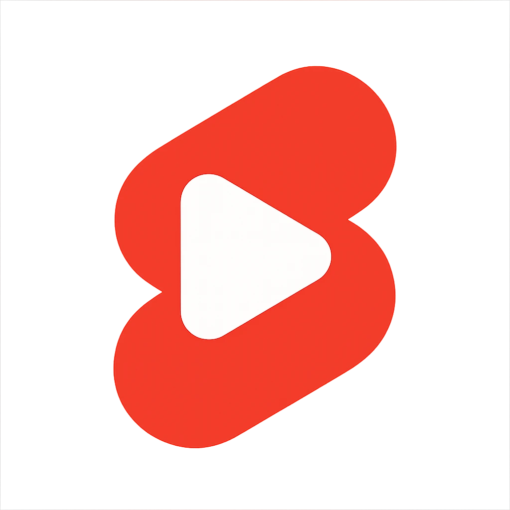 Modern minimalist logo inspired by YouTube Shorts but clearly distinct. Abstract red and white shapes on a white background. No text. Design a dynamic, playful symbol using rounded geometric forms, slightly resembling a play button or a film strip, but reimagined with a unique twist. Must look tech-oriented, simple, and brandable. MOST IMPORTANT : YouTube Shorts but clearly distinct not the same emoji