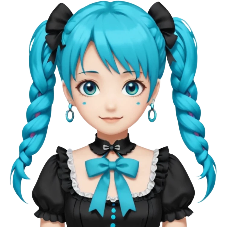 anime-style female character with bright turquoise hair styled in twin tails and matching blue eyes. Her outfit is a frilly turquoise and black dress in a Lolita-esque style, heavily contrasted with black ribbons and trim. A key detail is the"AWP" logo printed in black on the chest. happy variant emoji