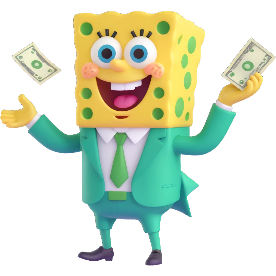 SpongeBob in a fancy green suit, fanning out cash, excited look emoji