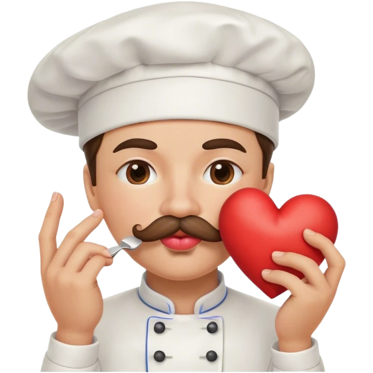 Happy puckered lips emoji with mustache wearing chef hat kissing emoji heart at pinched fingers emoji emoji