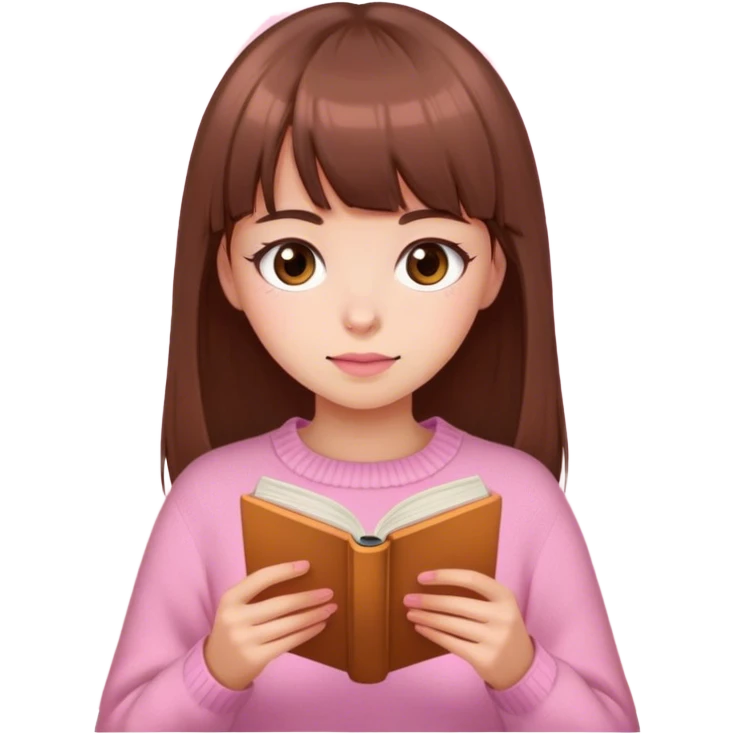 Pretty brown eyed white girl with brown bangs pink sweater reading cozy emoji