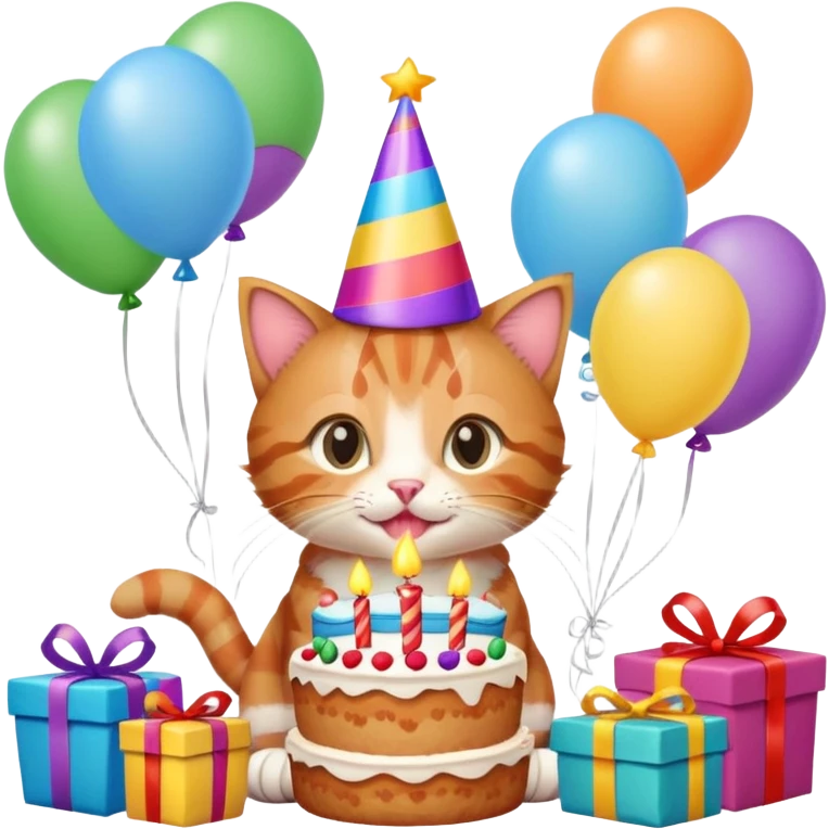 Ginger tabby kitten celebrates birthday, birthday hat, birthday cake, balloons, happy, gifts emoji