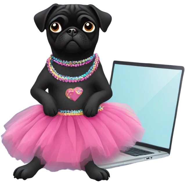 Black pug using a laptop while wearing a tutu dress emoji