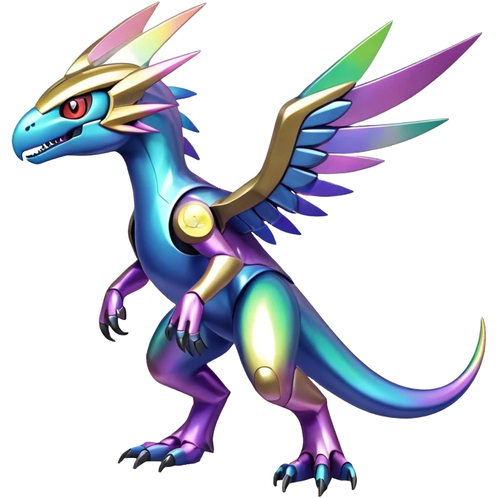 Shiny Futuristic Celestial Iridescent Fakemon-Pokemon-Digimon-Spectrobes-Raptor-fusion, full body emoji