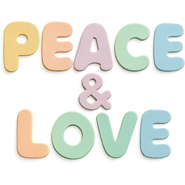 "Peace & Love" in soft pastel rainbow rounded bold letters, kawaii cute font, no border, transparent PNG emoji