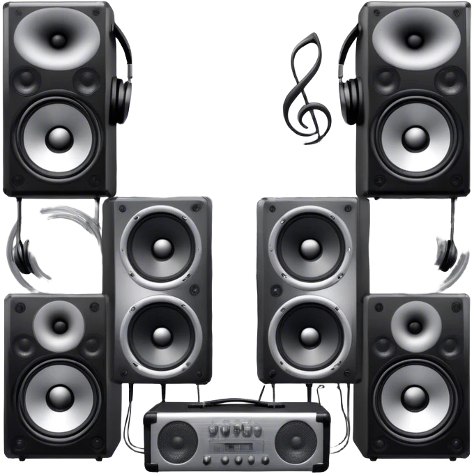 Icon for R&B Music Listening: large concert speakers and headphones with waves of musical notes coming out, along with drums and bass guitar and saxophone. The icon should convey the energetic and rhythmic vibe of R&B music. Transparent background emoji