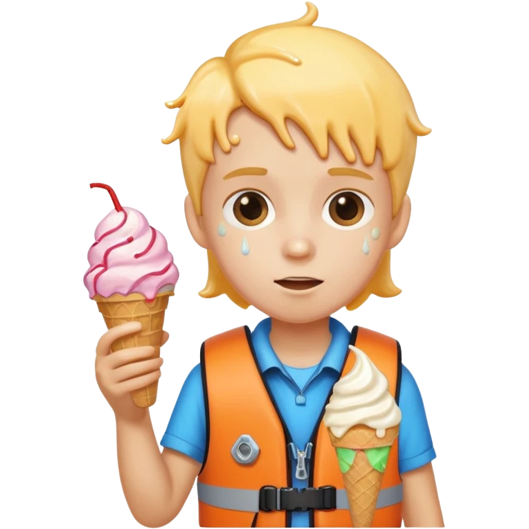 kid wearing lifejacket, holding ice cream emoji