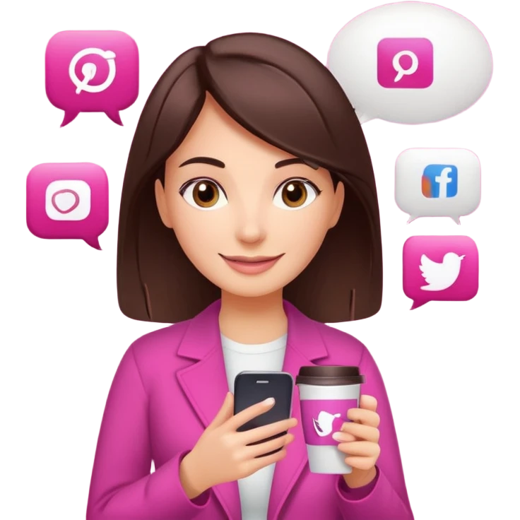 Social media manager. She has dark brown hair, brown eyes, a friendly smile. She is holding a smartphone and a coffee cup. Include subtle marketing elements like small icons of hashtags or a speech bubble, instagram logo. Use vibrant colors with a focus on pink and fuchsia tones. emoji