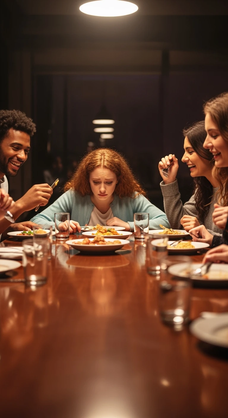 GRUPPO DI AMICI A TAVOLA FELICI MENTRE MANGIANO, MENTRE UNA PERSONA CHE è CON LORO NON SI STA DIVERTENDO, NON MANGIA E HA UN'ESPRESSIONE TRISTE, ESPRESSIONE DI DOLORE IN VOLTO, iperrealistico 4k emoji