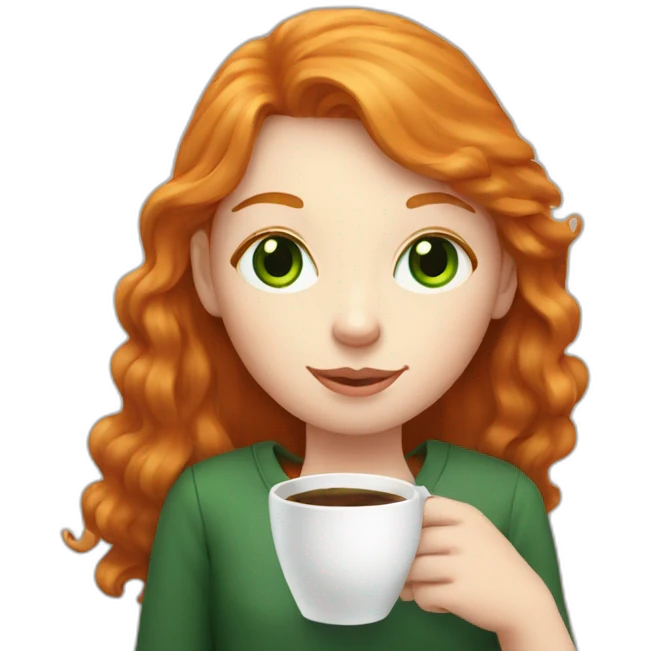 ginger girl with green eye holding a cat and a coffee emoji