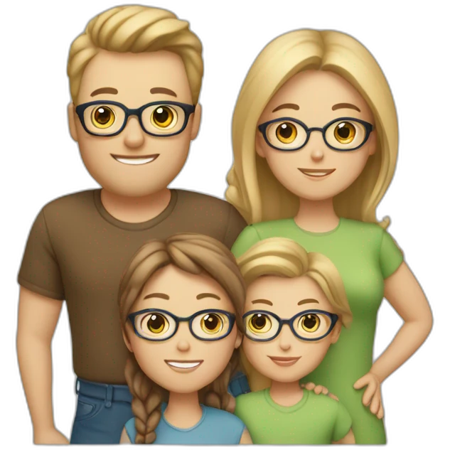 White family of 4, 1 mom with brown hair, 1 big boy with Brown hair, 2 girls with glasses and long blond hair emoji