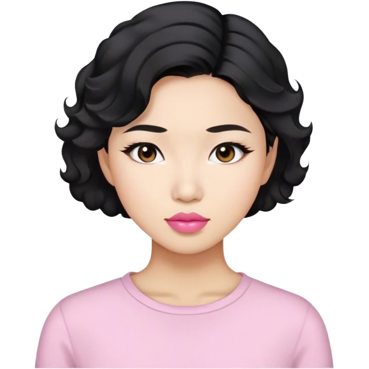 stunning asian woman black short wavy hair, light pink lips emoji
