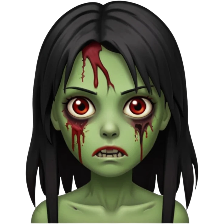 Garota zumbi com cabelo todo preto liso, longo e mechas vermelhas na lateral da cabeça dos dois lados. Olhos castanhos escuros, pele esverdeada como se estivesse podre e vários ferimentos  emoji